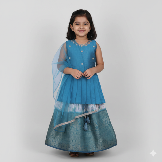 Little by Little’s party lehenga: sleeveless choli, flared skirt, and sparkling dupatta charm!