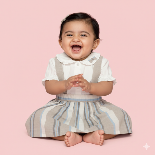 Toffyhouse Featherlite White Striped Dungaree for Girls – Cap Sleeves, Charming Peter Pan Collar, Front Button Closure, Smart Outdoor & Fashion