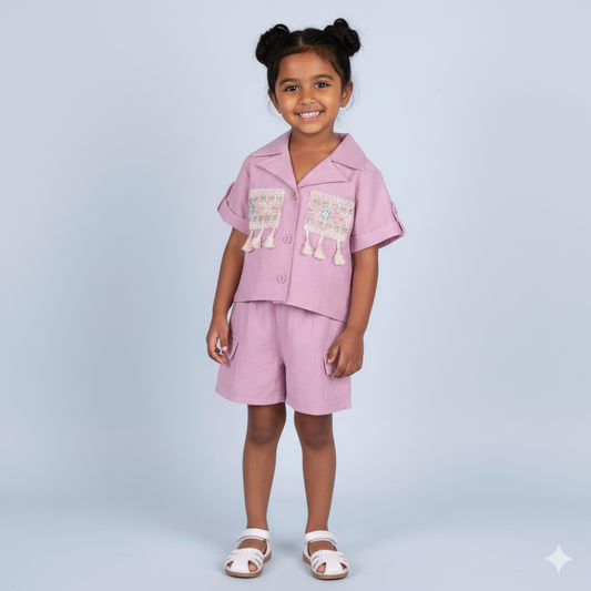 Pretty in Mauve – Girls’ Embroidered Shirt with Mid-Thigh Shorts