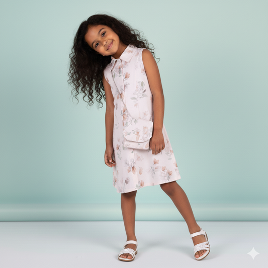 Chic & Stylish – Girls’ Cream All Over Print Dress with Accessories