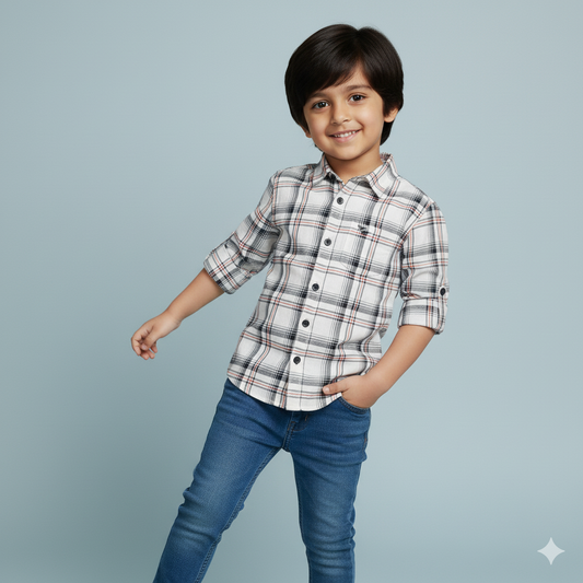 Jash Kids Boys White Checked Full Sleeve Cotton Blend Shirt