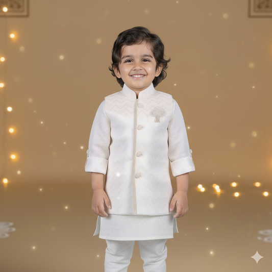 White Charm: Boys’ Kurta Pyjama & Jacket with Badges & Lace