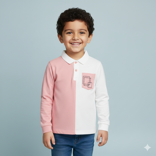 Ollypop Boys’ Pink Full Sleeve Collar T-Shirt – Basic Breathable Winter & Monsson Essential with Color Blocked Design