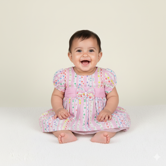Toffyhouse Girls’ Pink Cotton Blend Printed Frock – Cap Sleeves, Back Button Closure