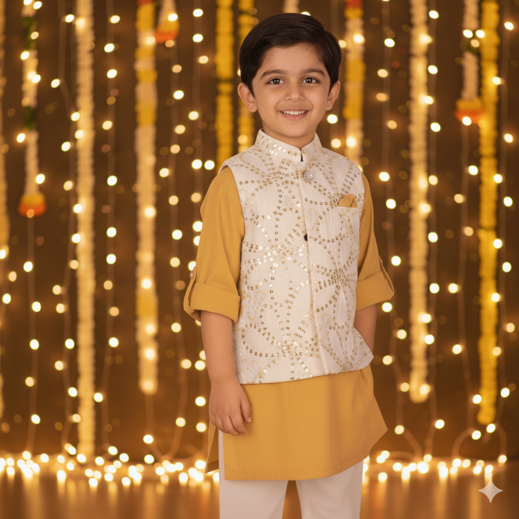 Dapper Look – Boys’ Kurta Pyjama with Khaaki Jacket