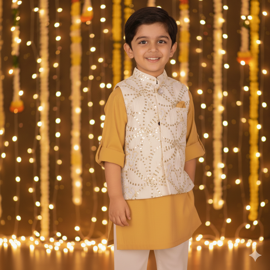 Dapper Look – Boys’ Kurta Pyjama with Khaaki Jacket