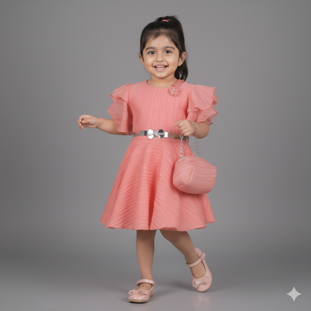 Stylish Square Neck – Girls’ Peach Applique Frock with Bag