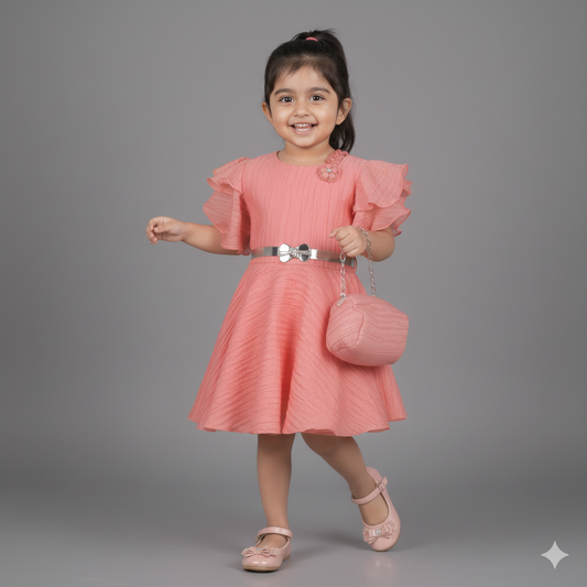 Stylish Square Neck – Girls’ Peach Applique Frock with Bag