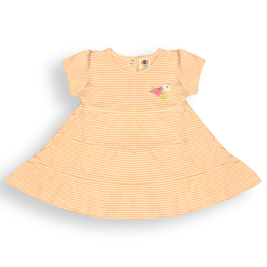 Zero Essentials Girls’ Peach Striped Frock – Half Sleeves, Knee Length, Easy Snap Buttons