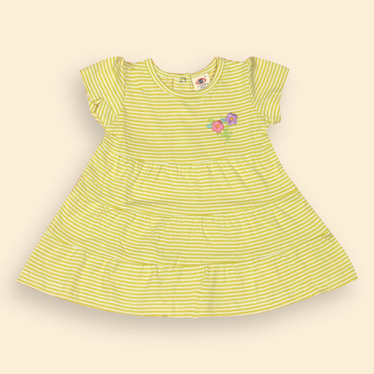 Zero Essentials Girls’ LimegreenStriped Frock – Half Sleeves, Knee Length, Easy Snap Buttons