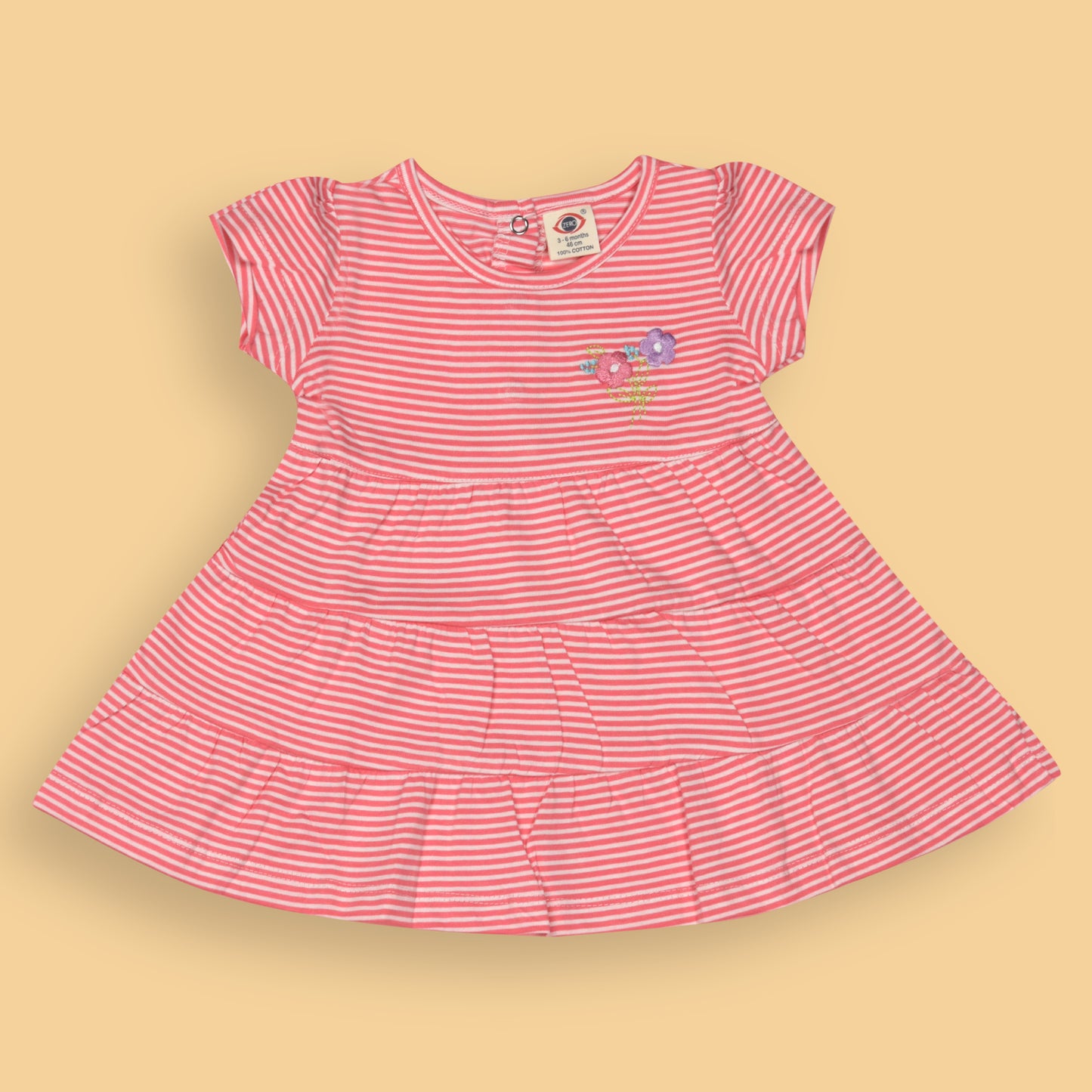 Zero Essentials Girls’ Coral Striped Frock – Half Sleeves, Knee Length, Easy Snap Buttons