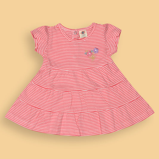 Zero Essentials Girls’ Coral Striped Frock – Half Sleeves, Knee Length, Easy Snap Buttons