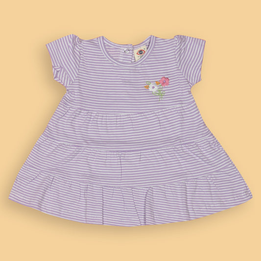 Zero Essentials Girls’ Lilac Striped Frock – Half Sleeves, Knee Length, Easy Snap Buttons