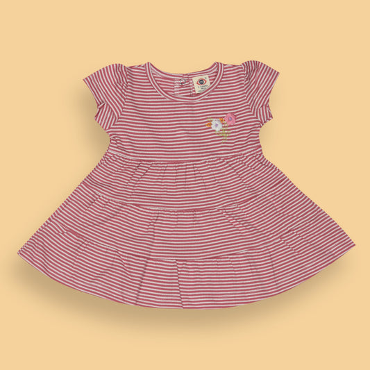 Zero Essentials Girls’ Wine Red Striped Frock – Half Sleeves, Knee Length, Easy Snap Buttons