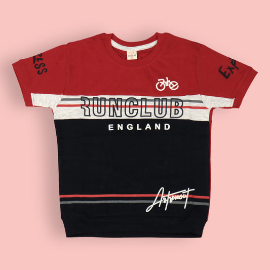 RUNCLUB England Tee by OlioKids – Boys’ Navy Blue Short Sleeves, Multicolour Print, Soft Cotton for Trendy Days Out