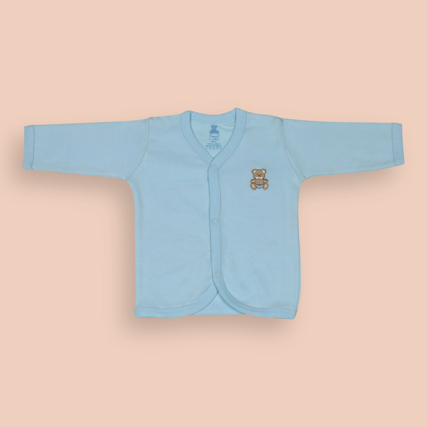 Blue Cotton Newborn Baby Gift Set – Full Sleeve Button-Up Top, Elastic Waist Pants, Bib, Cap & Mittens