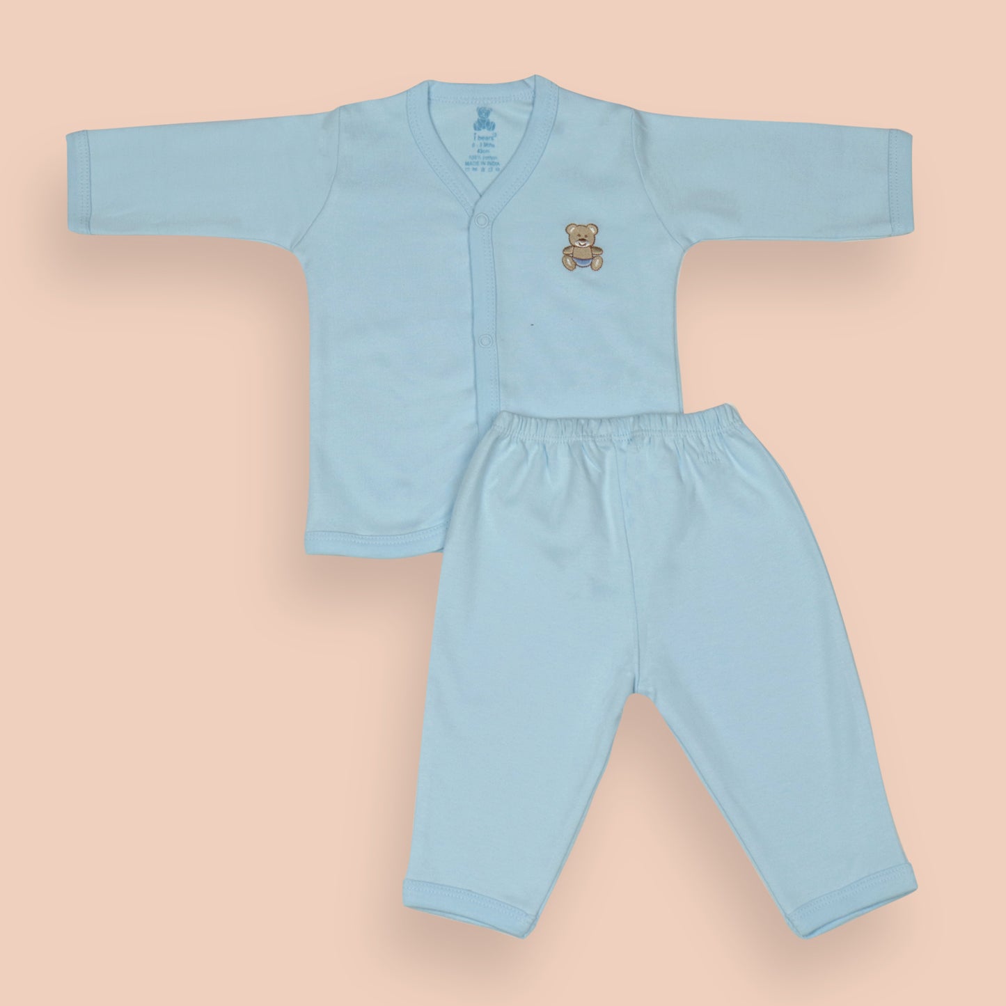 Blue Cotton Newborn Baby Gift Set – Full Sleeve Button-Up Top, Elastic Waist Pants, Bib, Cap & Mittens