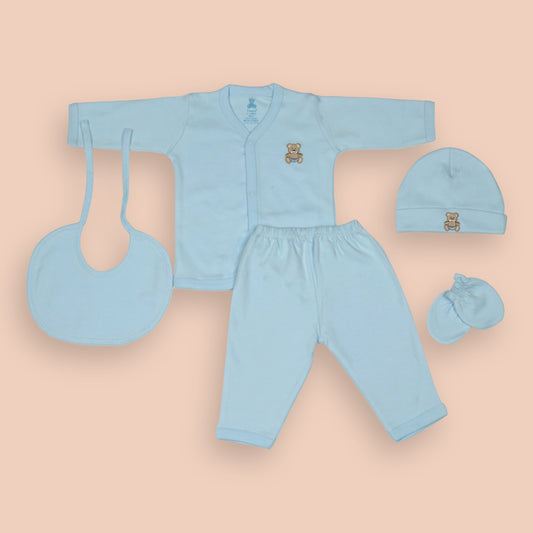 Blue Cotton Newborn Baby Gift Set – Full Sleeve Button-Up Top, Elastic Waist Pants, Bib, Cap & Mittens
