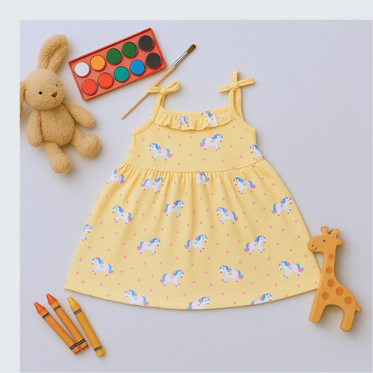 Sleeveless Cotton frock with Unicorn print - Light Yellow