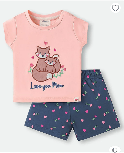 Ollypop Sinker Knit Half Sleeves T-Shirt & Shorts Set with Kitty Embroidery & Print - Navy Blue & Pink
