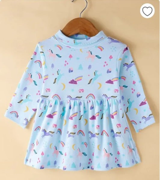CUCUMBER Intelock Knit Full Sleeves Frock with Rainbow & Unicorn Print - Light Blue