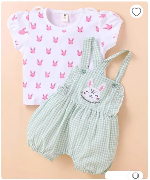 ToffyHouse Cotton Knit Half Sleeves Dungaree & T-Shirt with Bunny Print & Patch - Pink & Mint
