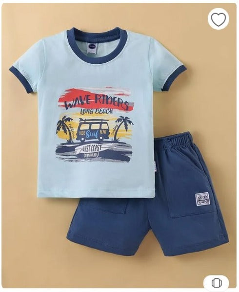 Teddy Sinker Knit Half Sleeves T-Shirt & Shorts Set with Beach Theme - Blue