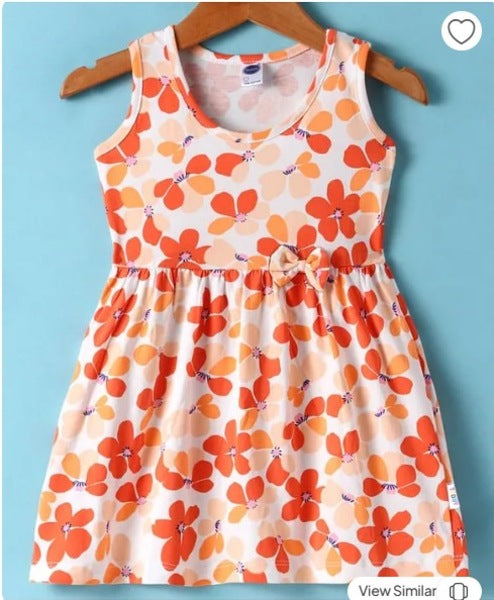 Teddy Sinker Knit Sleeveless Frock with Floral Print & Bow Applique - Orange