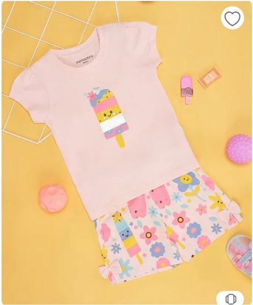 Cotton Half Sleeves Ice Cream Printed Tee With Shorts Set - Pink
