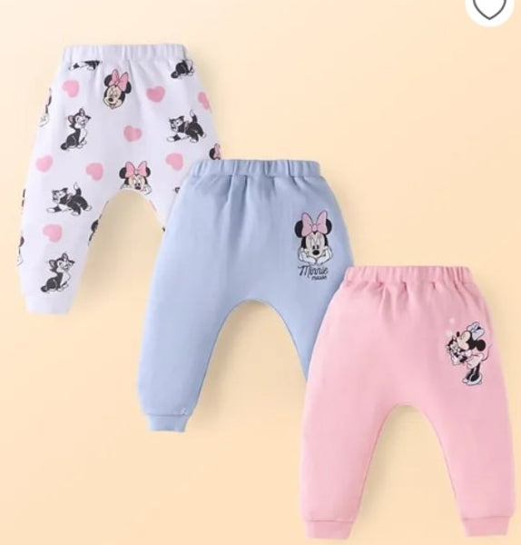 Babyhug Disney Interlock Knit Full Length Diaper Leggings with Minnie Mouse Graphics Pack of 3- Pink White & Light Blue
