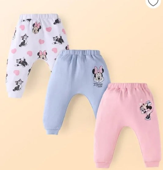 Babyhug Disney Interlock Knit Full Length Diaper Leggings with Minnie Mouse Graphics Pack of 3- Pink White & Light Blue