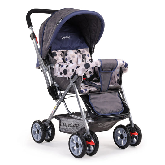 LuvLap Sunshine Baby Stroller/Pram for 0 to 3 Years New Born/Toddler/Kid 5 Point Safety Harness Adjustable backrest 360 Swivel Wheel Large Storage Basket Reversible Handlebar(Navy Blue)