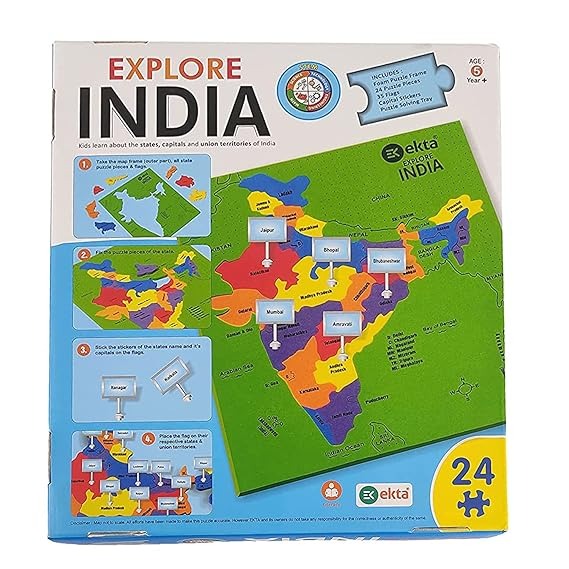 EKTA Explore India Map Puzzle for Kids India Map with State Capitals Puzzle Foam Map for Educational Jigsaw Puzzle and Learning Aid Games for Kids Foam Puzzle Games 24 Pieces - Blue