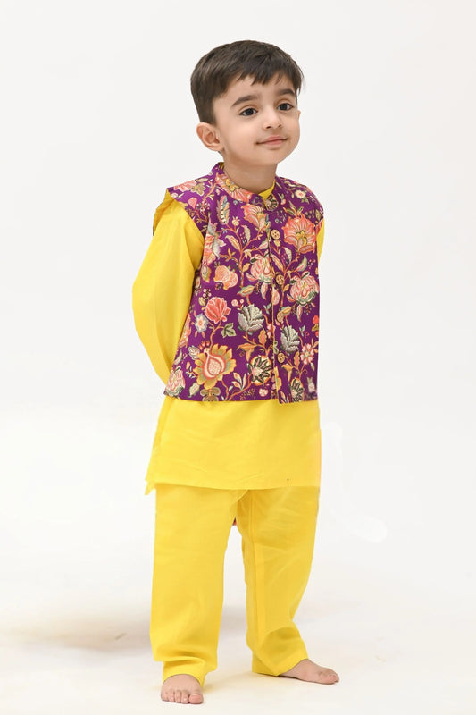 Peekaaboo Boys' Purple Kesari 3-Piece Ethnic Outfit – Kurta, Pant & Jacket Set