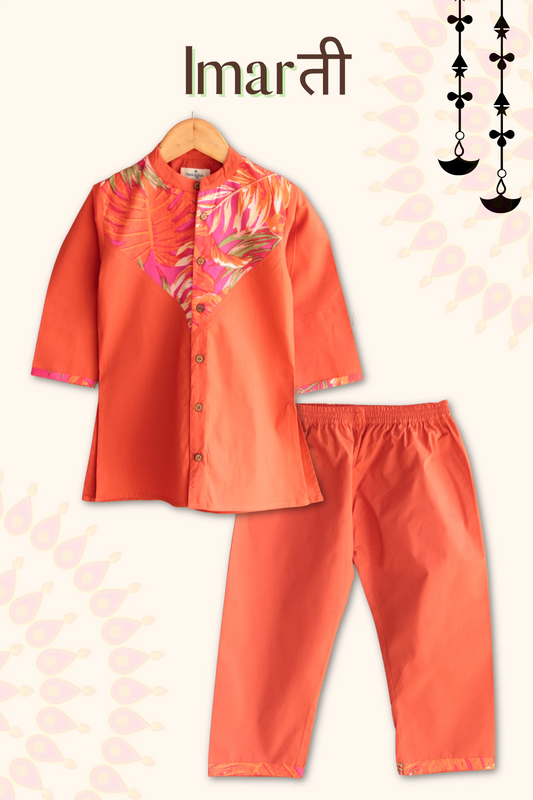Peekaaboo Trendy Boys' Imarti Kurta Set – Orange Color Block Design